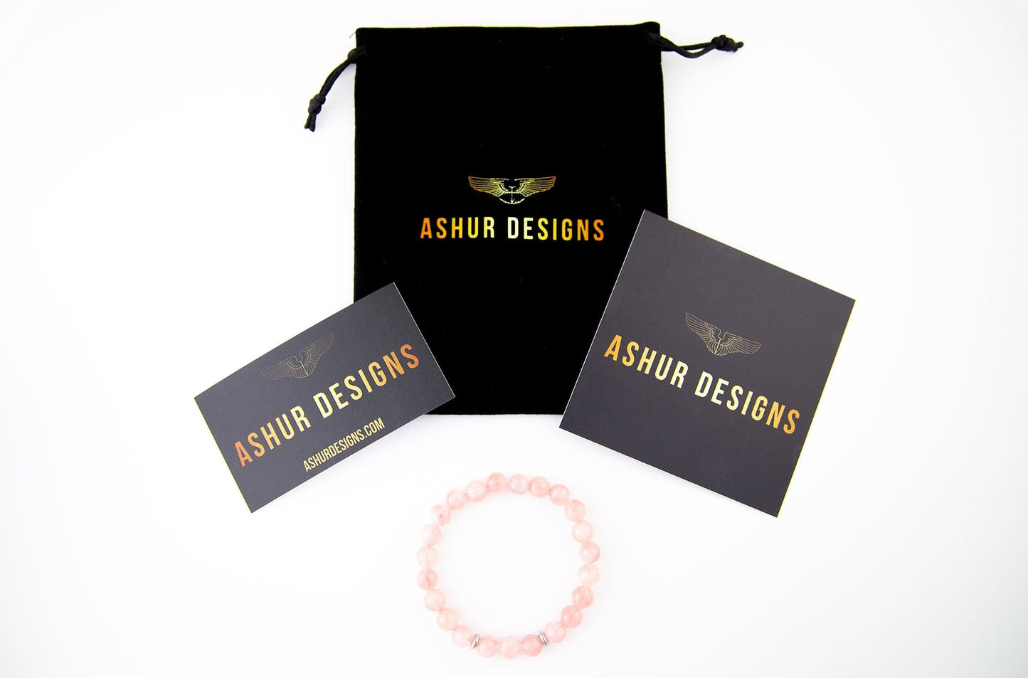 Eros, Rose quartz natural stone bracelet package, Ashur Designs