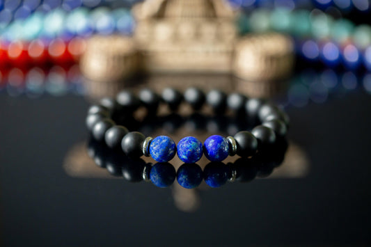 "Orion's Belt" 10mm Natural Gemstone Bead Bracelet Lapis Lazuli and Matte Onyx