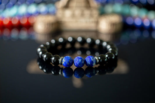 "Orion's Belt" 10mm Natural Gemstone Bead Bracelet Lapis Lazuli and Polished Onyx