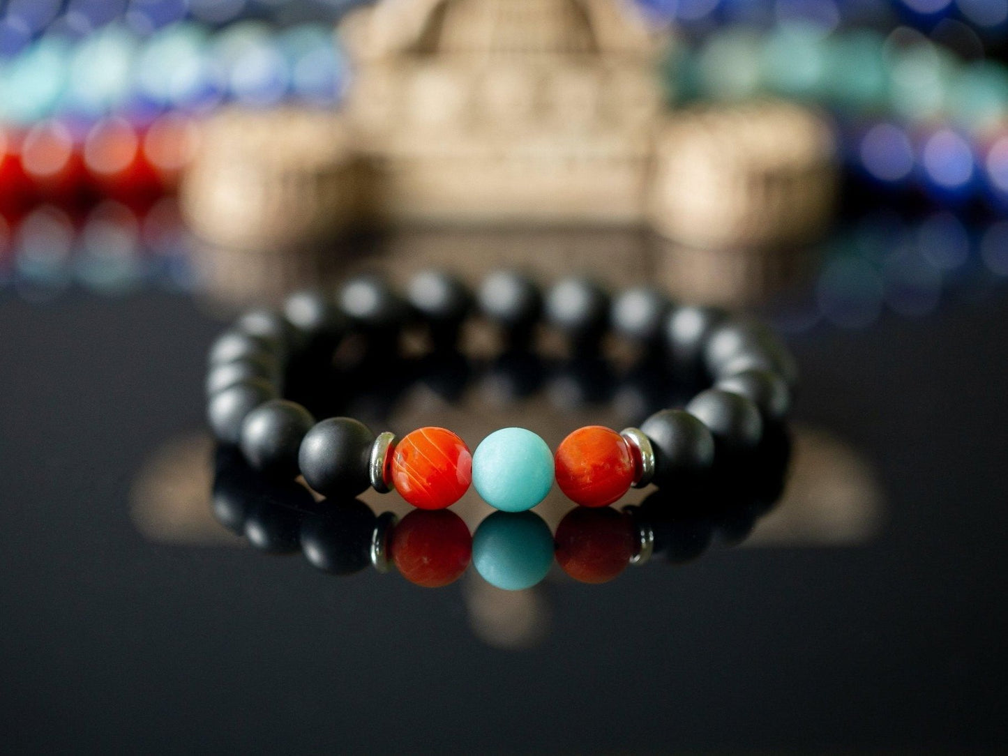"Enki" 10mm Natural Gemstone Bead Bracelet Amazonite, Carnelian Agate and Matte Onyx
