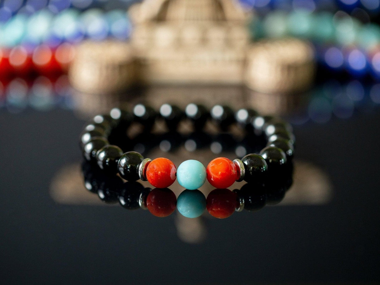 "Enki" 10mm Natural Gemstone Bead Bracelet Amazonite, Carnelian Agate and Polished Onyx