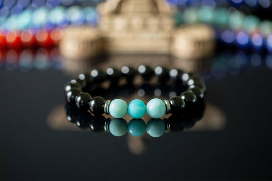 "Osiris" 10mm Natural Gemstone Bead Bracelet Amazonite and Polished Onyx