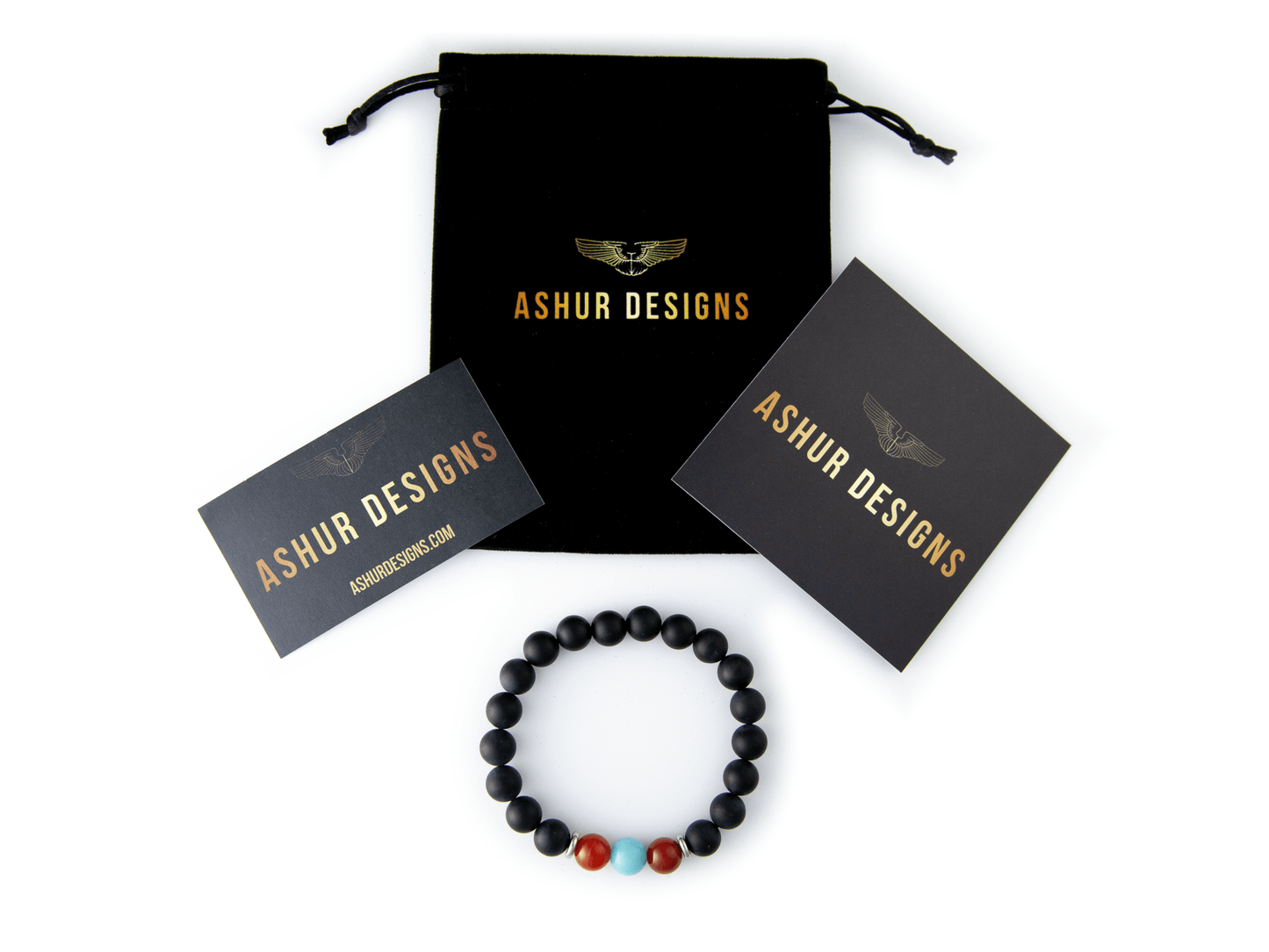 "Enki" 10mm Natural Gemstone Bead Bracelet Amazonite, Carnelian Agate and Matte Onyx