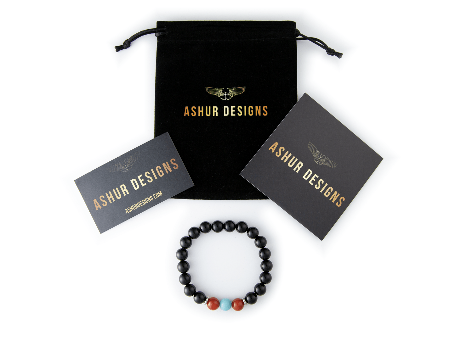 "Enki" 10mm Natural Gemstone Bead Bracelet Amazonite, Carnelian Agate and Polished Onyx