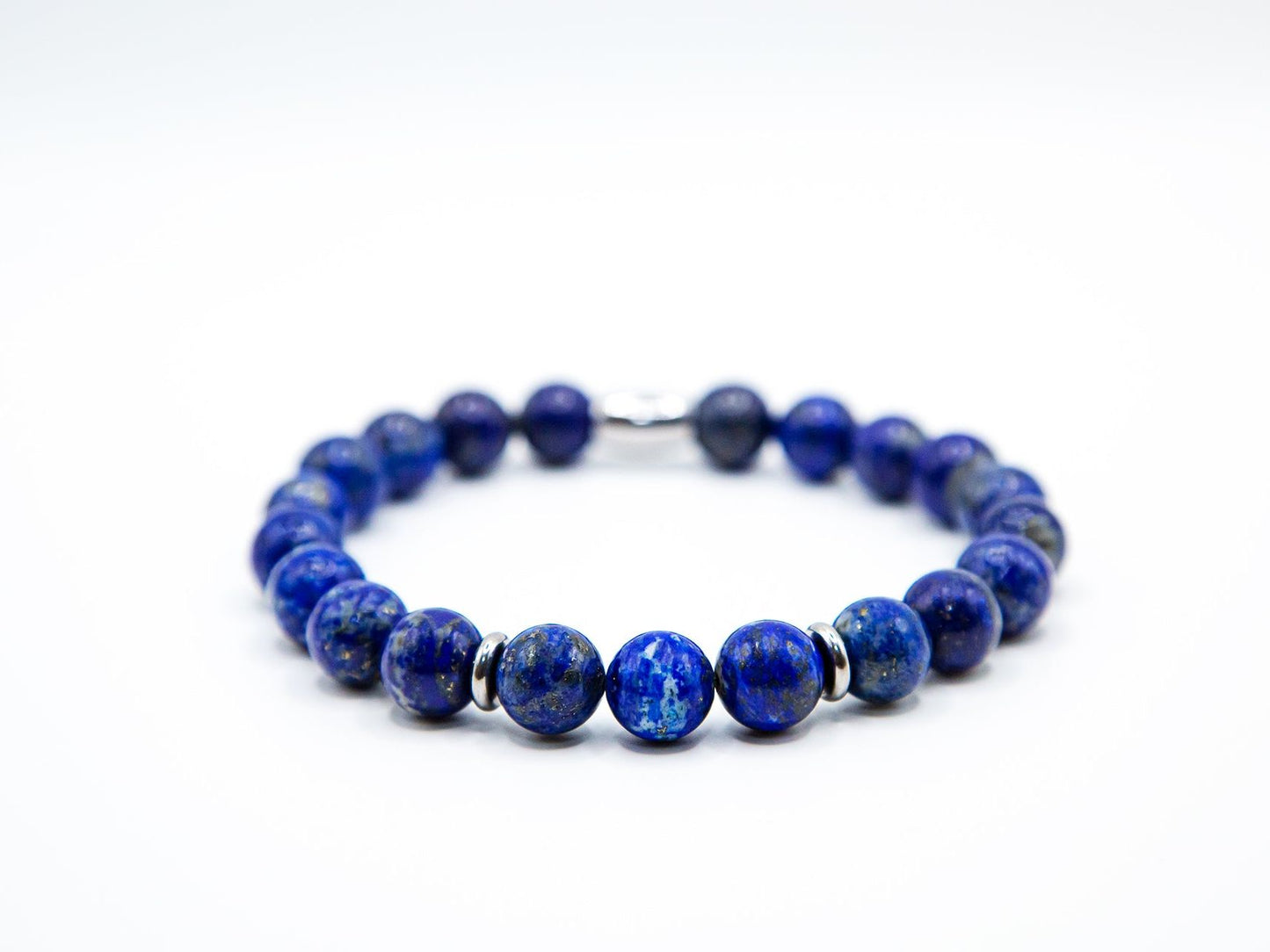 Ashur Designs Pharaoh Bracelet in all high grade natural Lapis Lazuli, white background three stones.