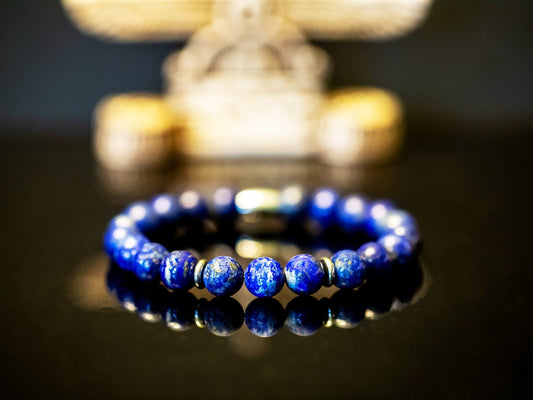 Ashur Designs Pharaoh Bracelet in all high grade natural Lapis Lazuli, Black background.
