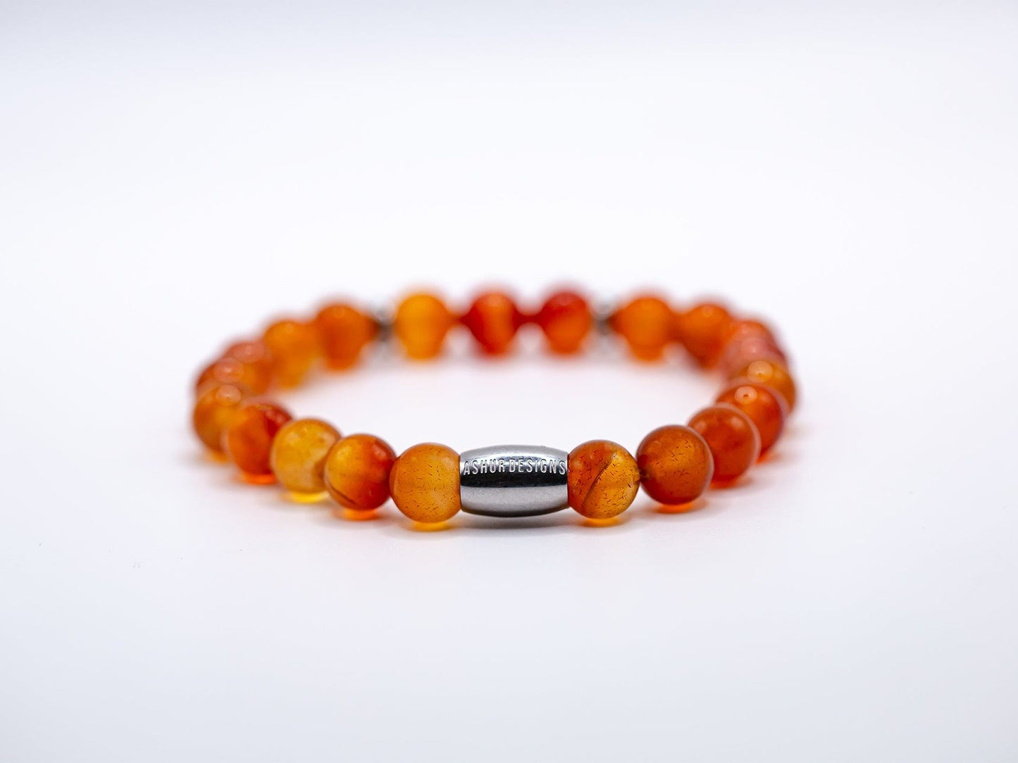 Ashur Designs Sobek natural carnelian agate handmade bracelet, 8mm white background.