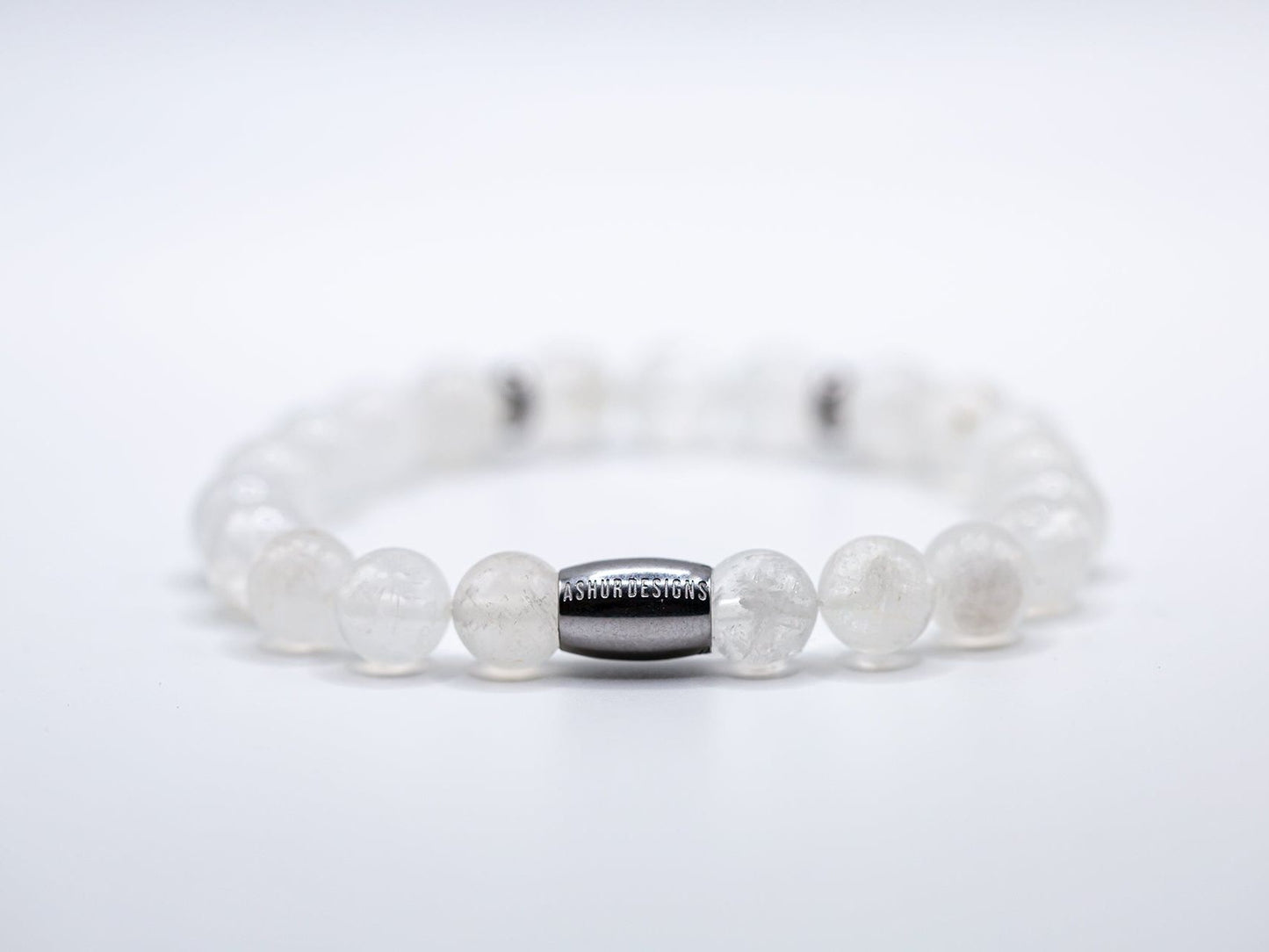 Ashur Designs 8mm natural moonstone gemstone bracelet. White Background