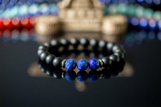 "Orion's Belt" 10mm Natural Gemstone Bead Bracelet Lapis Lazuli and Matte Onyx