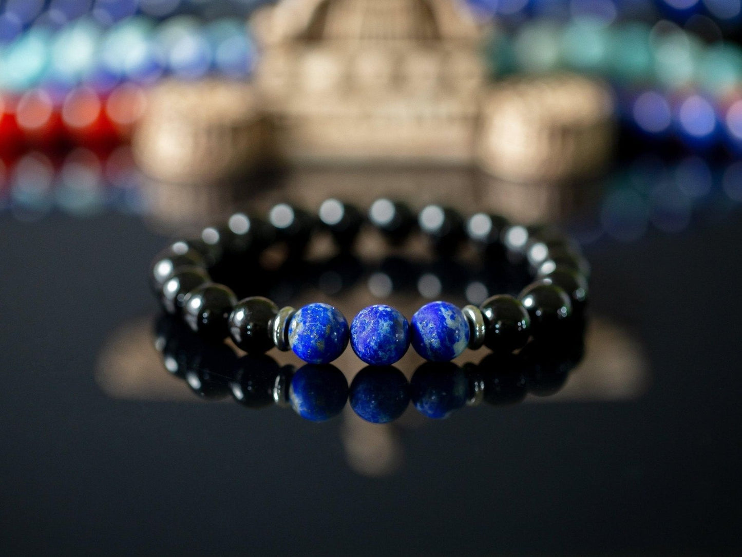 "Orion's Belt" 10mm Natural Gemstone Bead Bracelet Lapis Lazuli and Polished Onyx