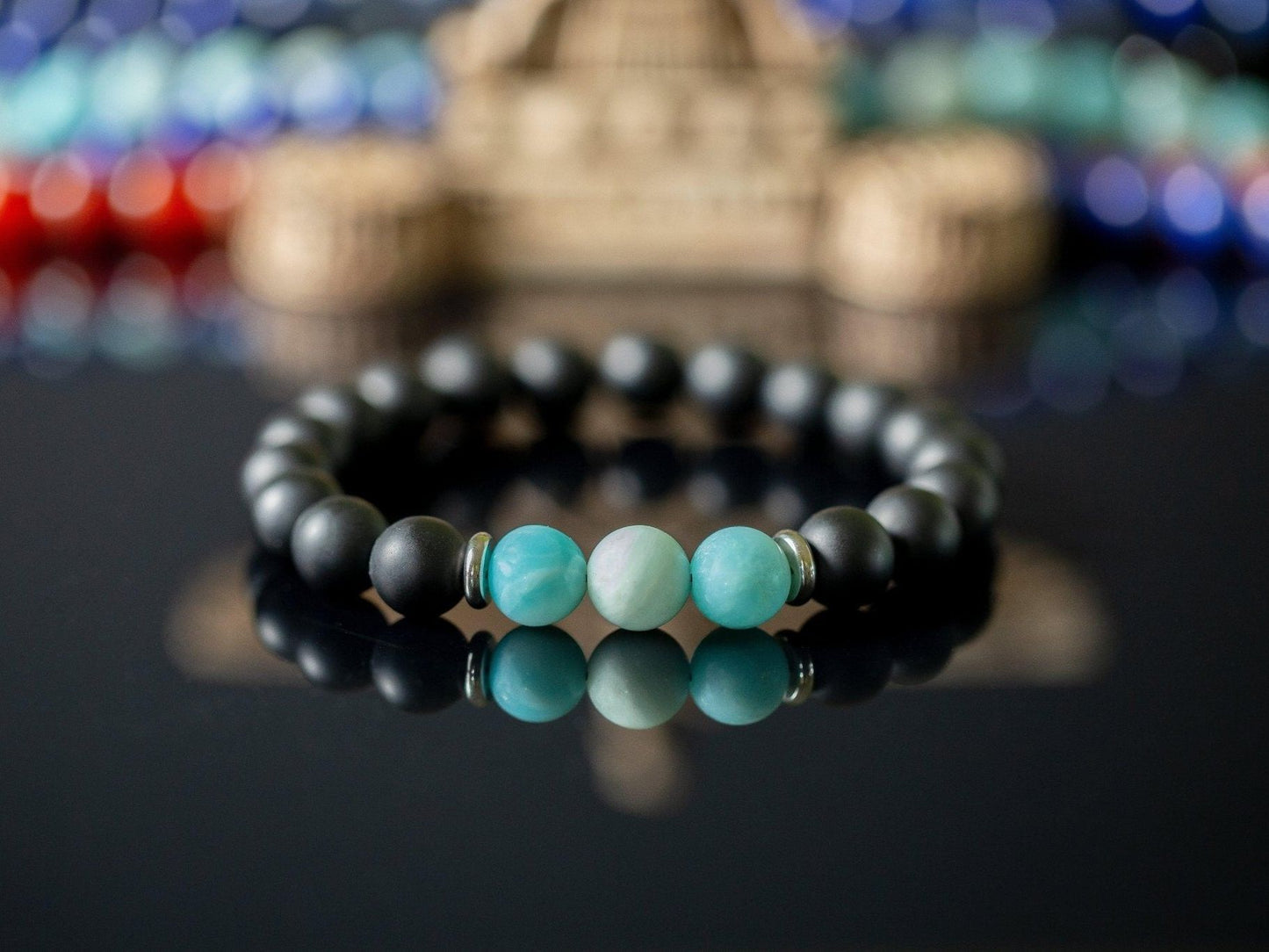 "Osiris" 10mm Natural Gemstone Bead Bracelet Amazonite and Matte Onyx