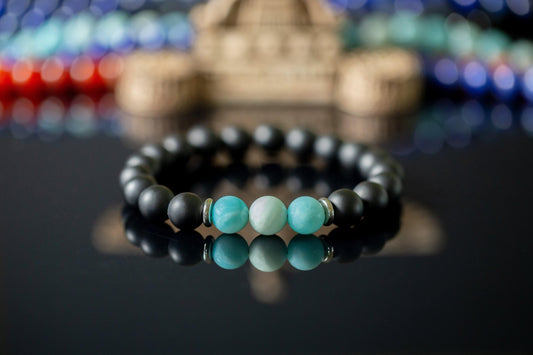 "Osiris" 10mm Natural Gemstone Bead Bracelet Amazonite and Matte Onyx