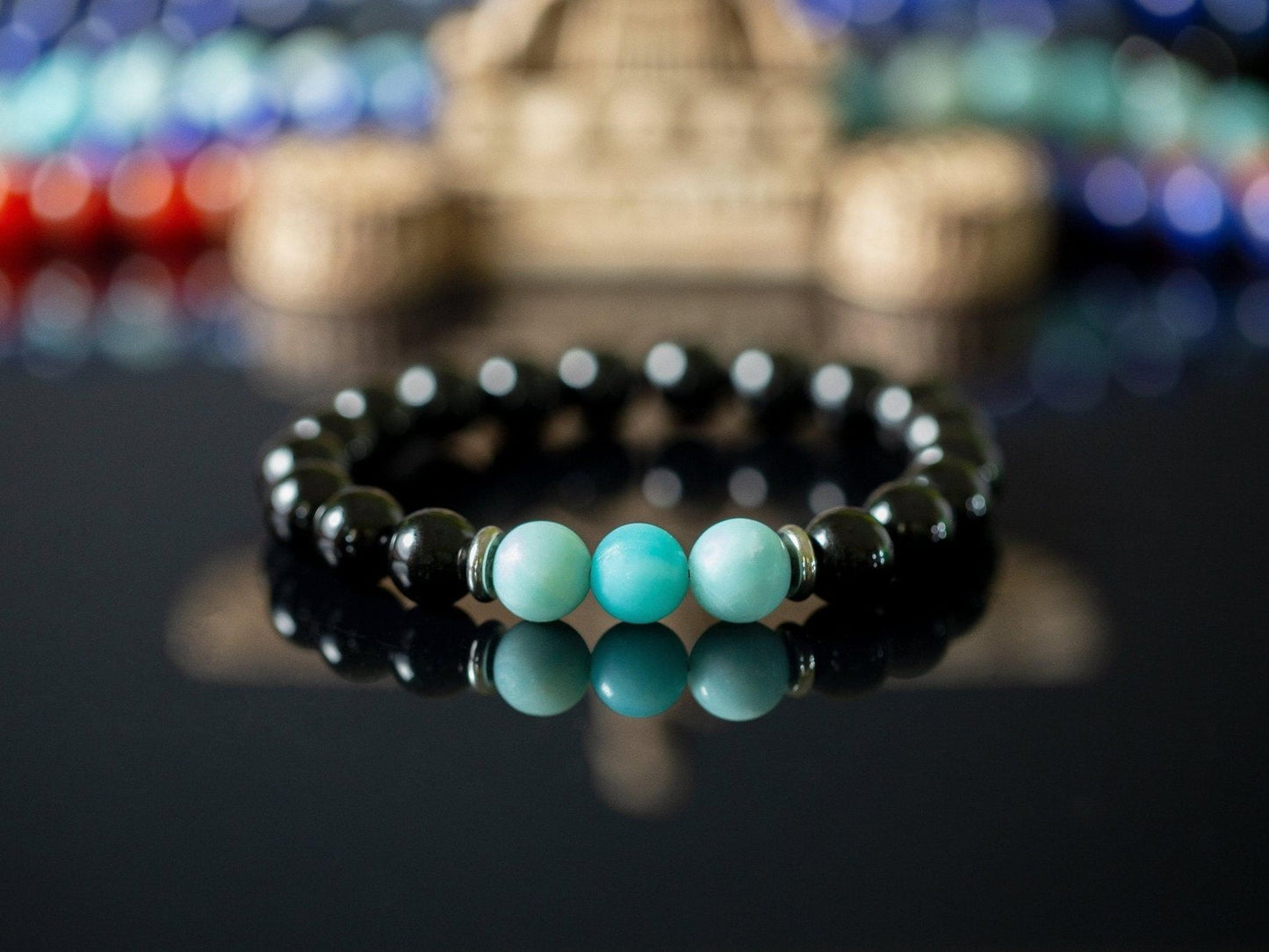 "Osiris" 10mm Natural Gemstone Bead Bracelet Amazonite and Polished Onyx