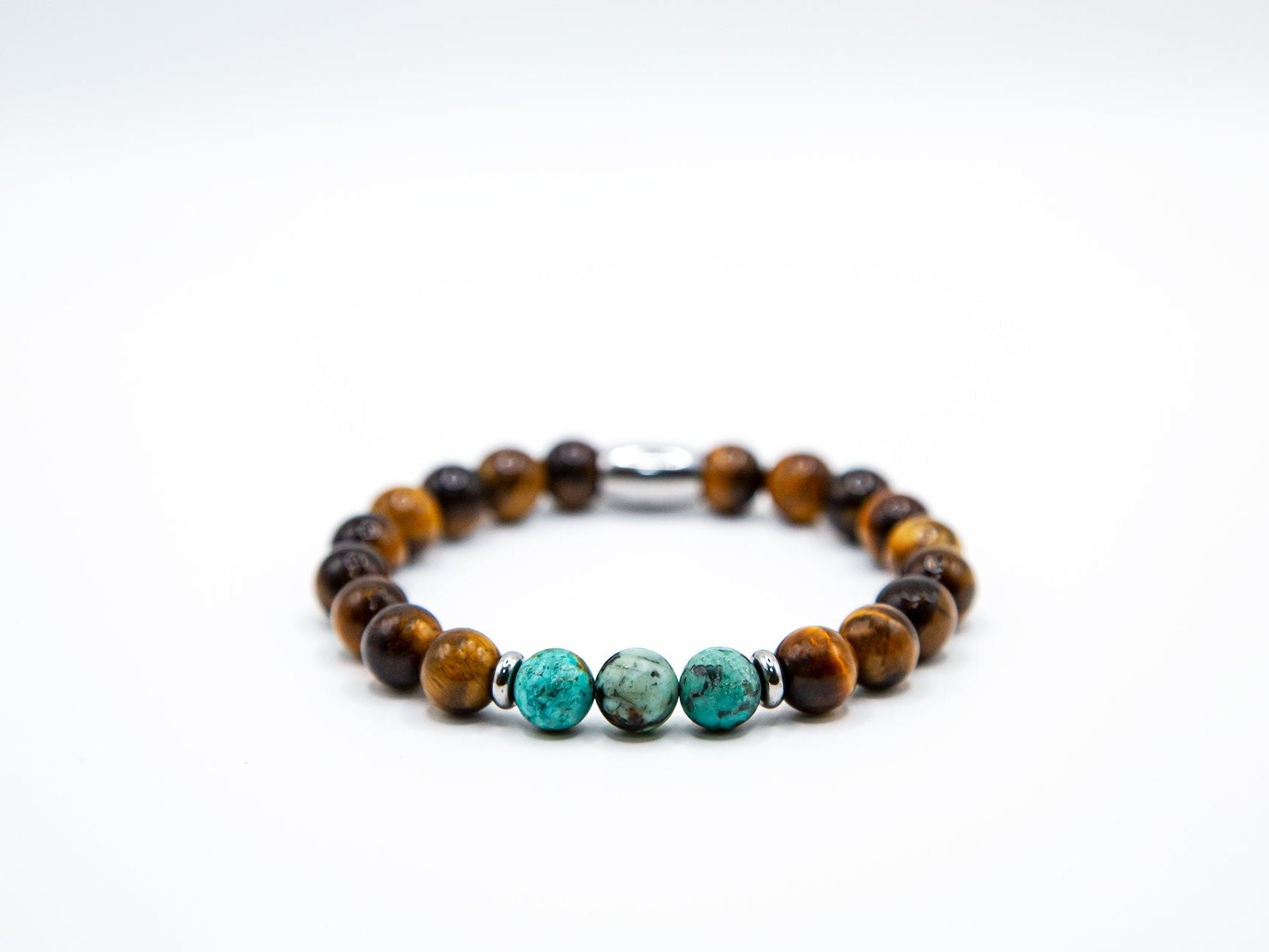 Ashur Designs Odysseus Bracelet, African Turquoise and Tiger's Eye, white background.